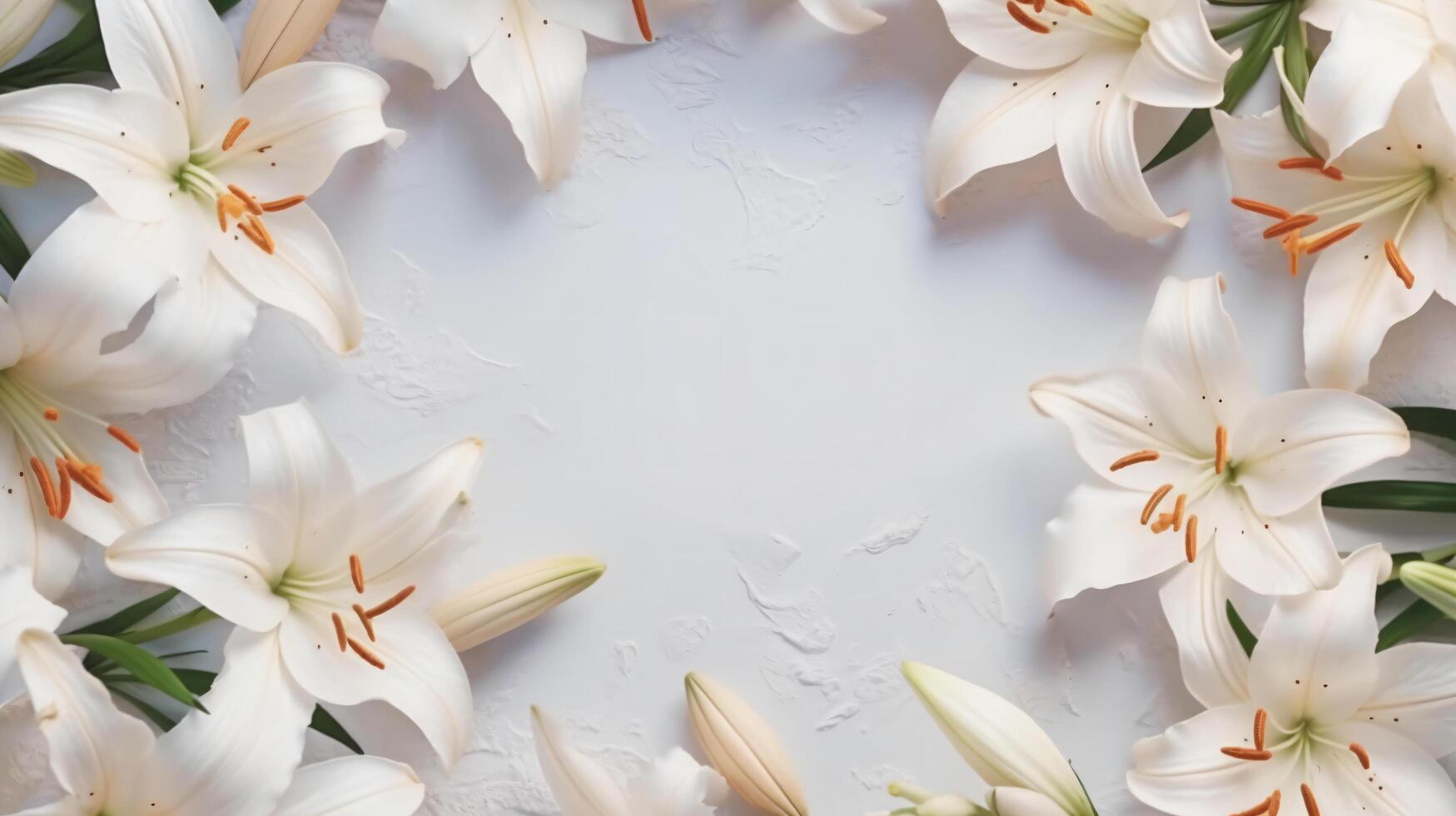 Beautiful white lily flowers on blank background. Colorful flowers for Mother's day, Women's Day, Birthday card, Easter. photo