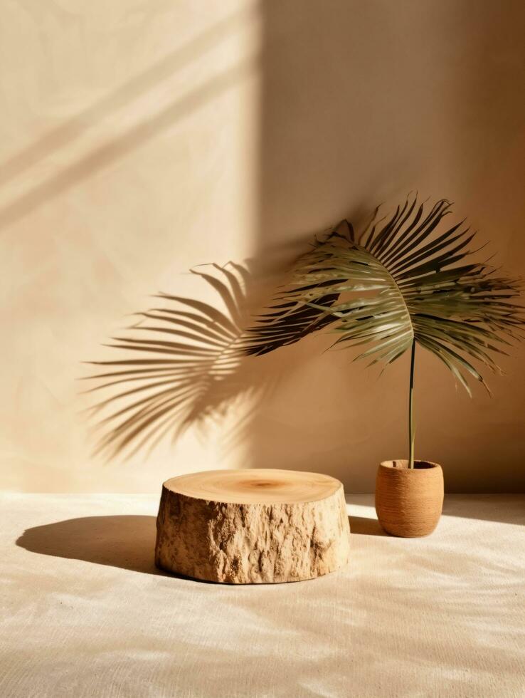 Minimal natural wood podium with green palm leaf with sunlight background. Minimal wooden stand for branding and packaging presentation. Generative Ai photo