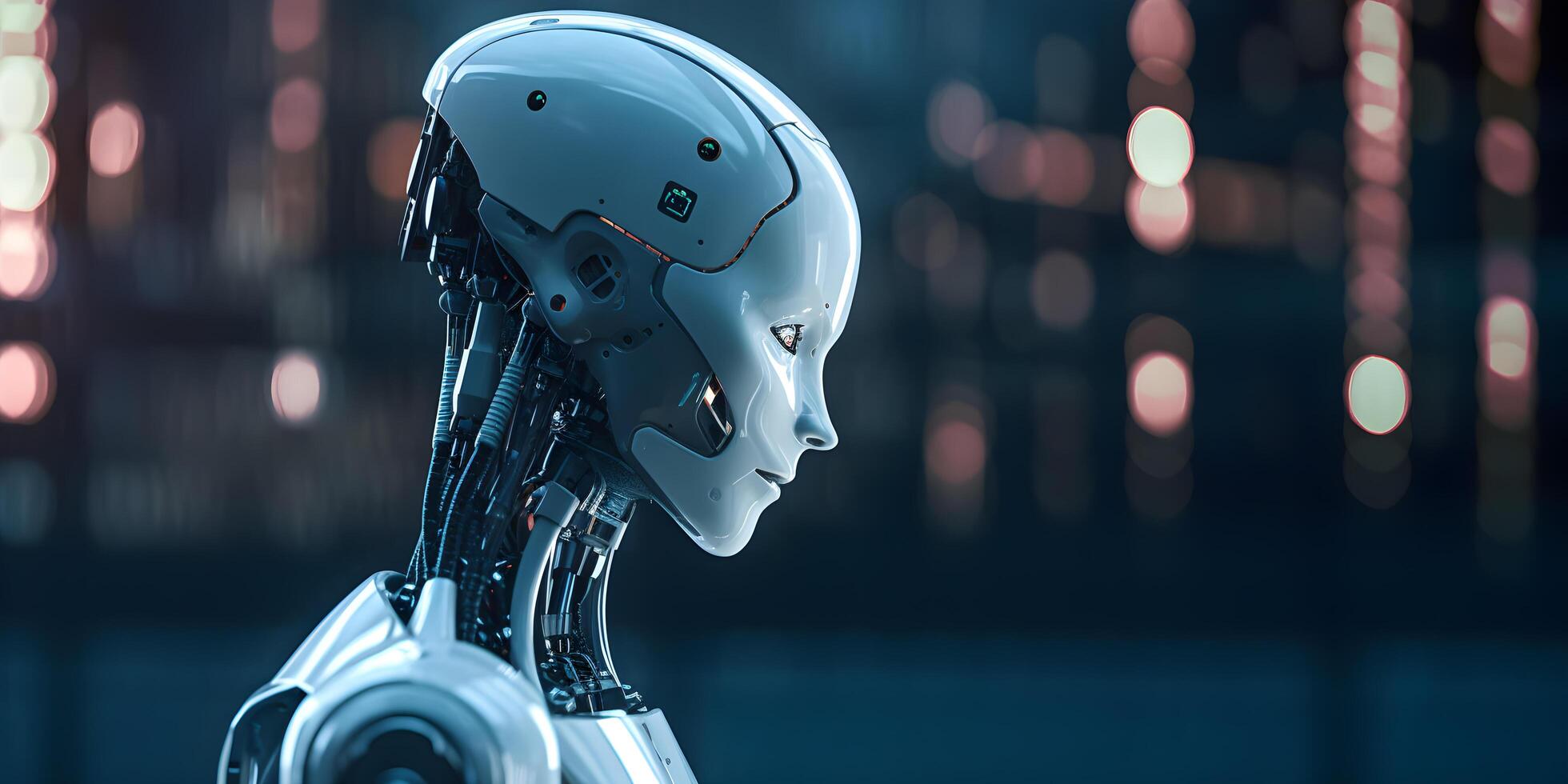 Side view of a female humanoid artificial intelligence robot