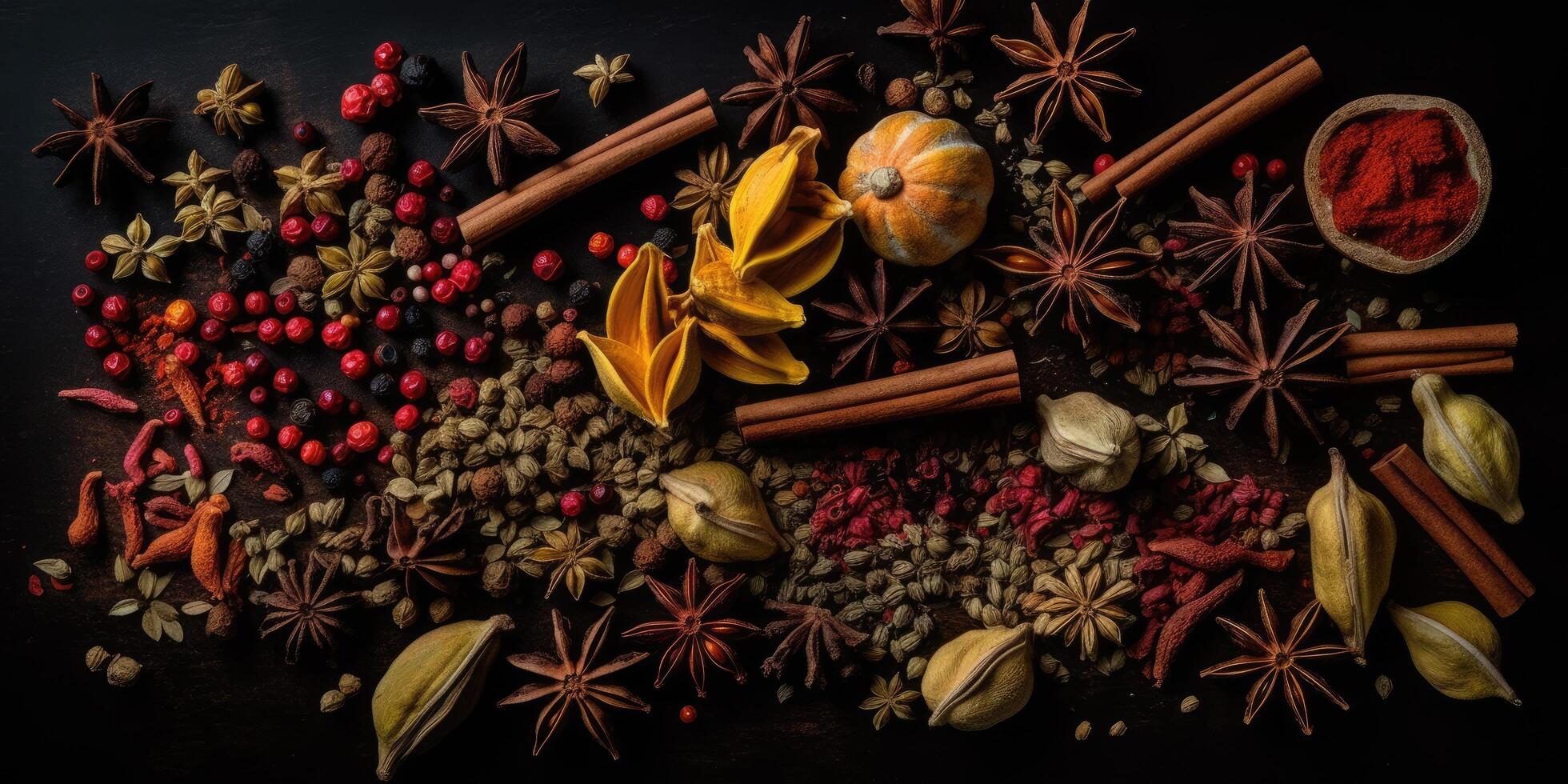 Indian spices close up. Pepper, turmeric thyme paprika cumin. photo