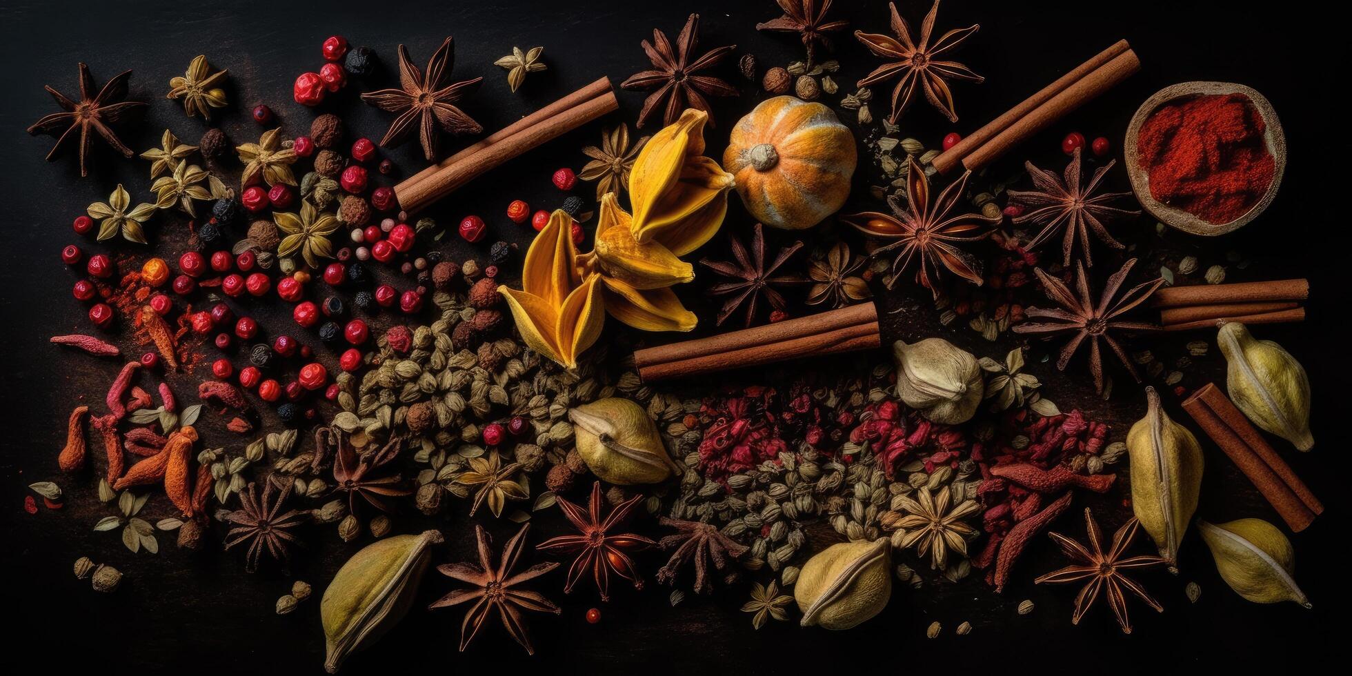 Indian spices close up. Pepper, turmeric thyme paprika cumin. Generative AI photo