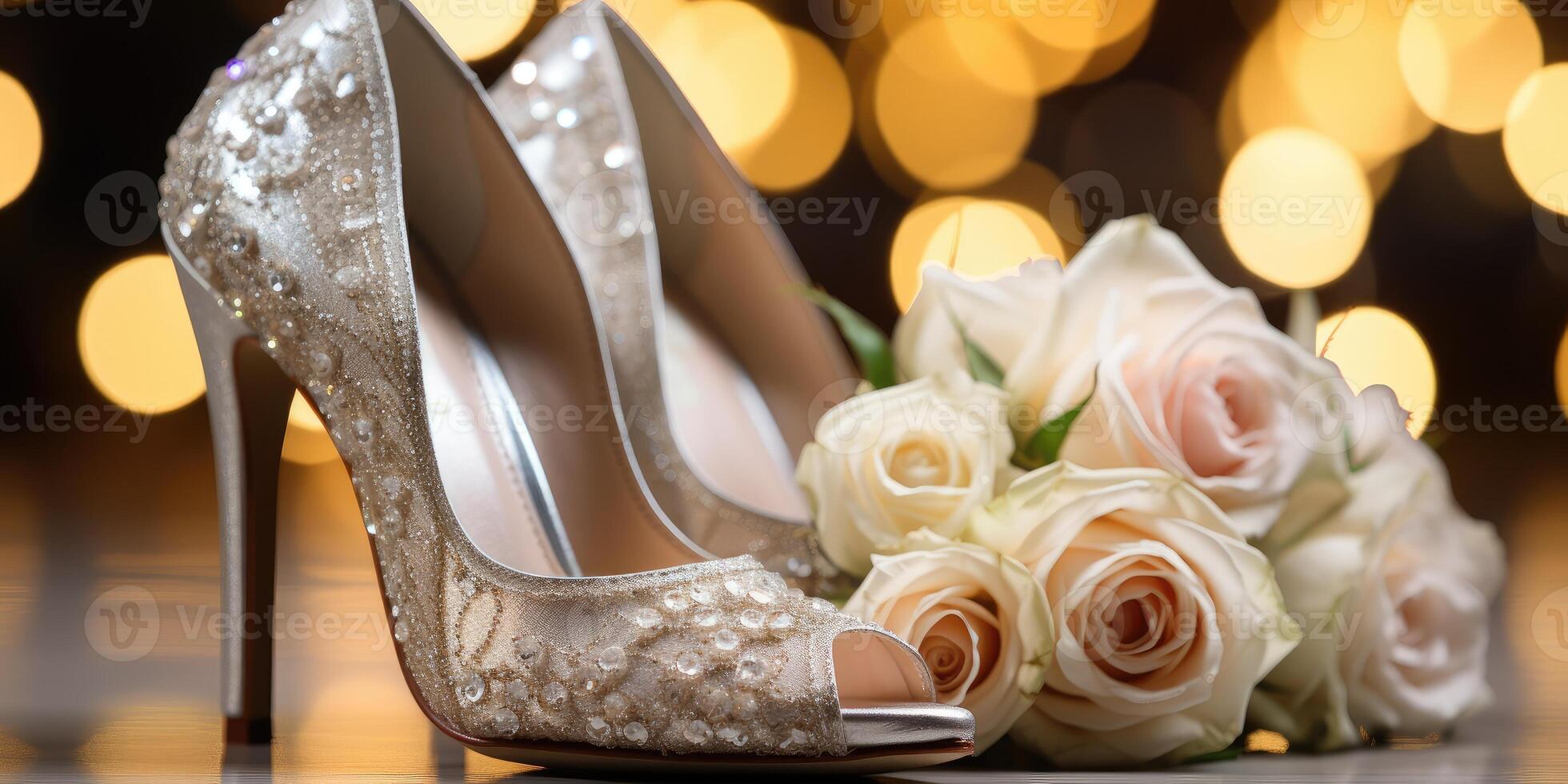 Wedding flowers and white shoes. Holiday. Generative AI photo