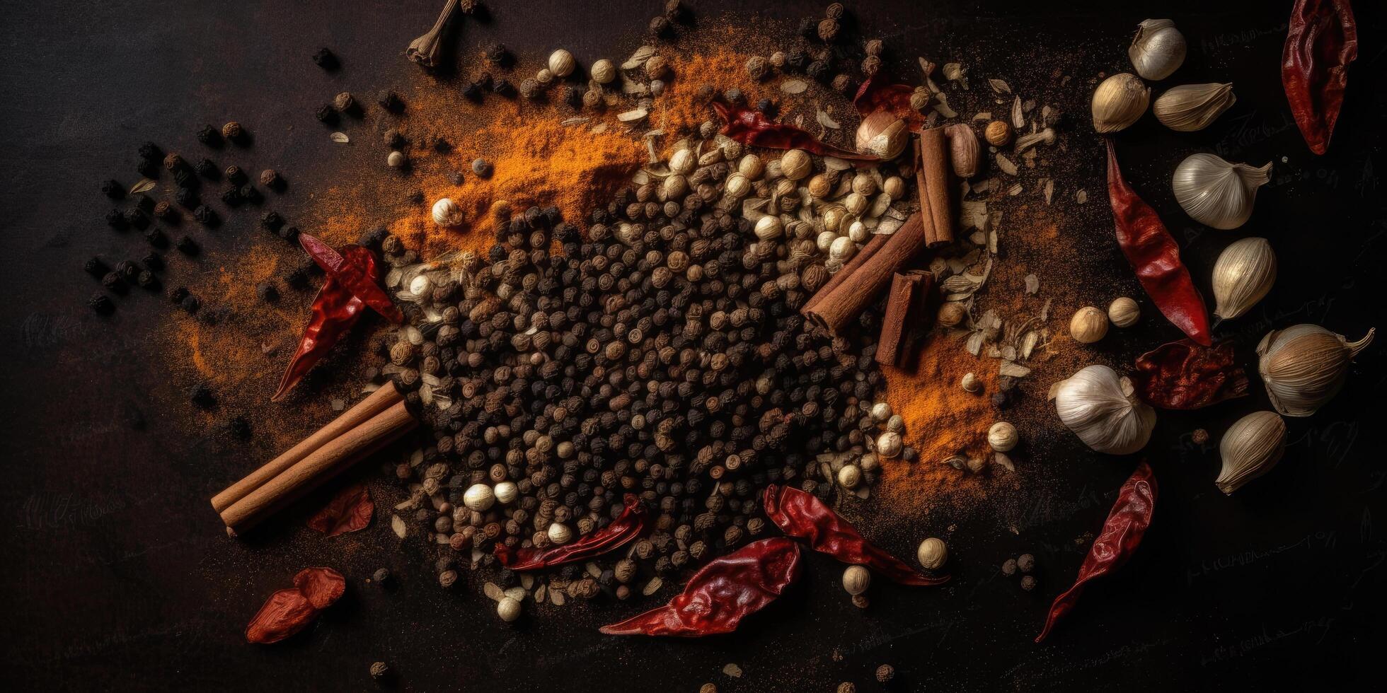 Indian spices close up. Pepper, turmeric thyme paprika cumin. Generative AI photo