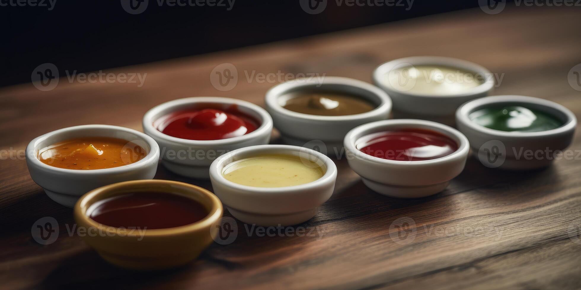 Lots of sauces close up. Tomato, cheese and spicy sauce. Generative AI photo