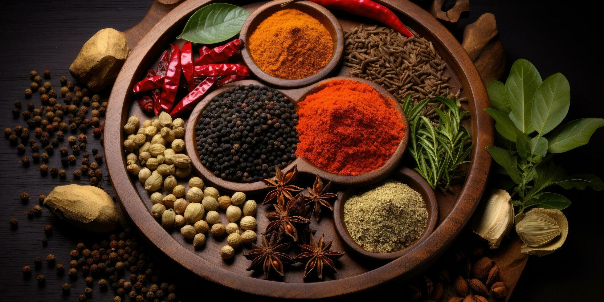 Indian spices close up. Pepper, turmeric thyme paprika cumin. Generative AI photo