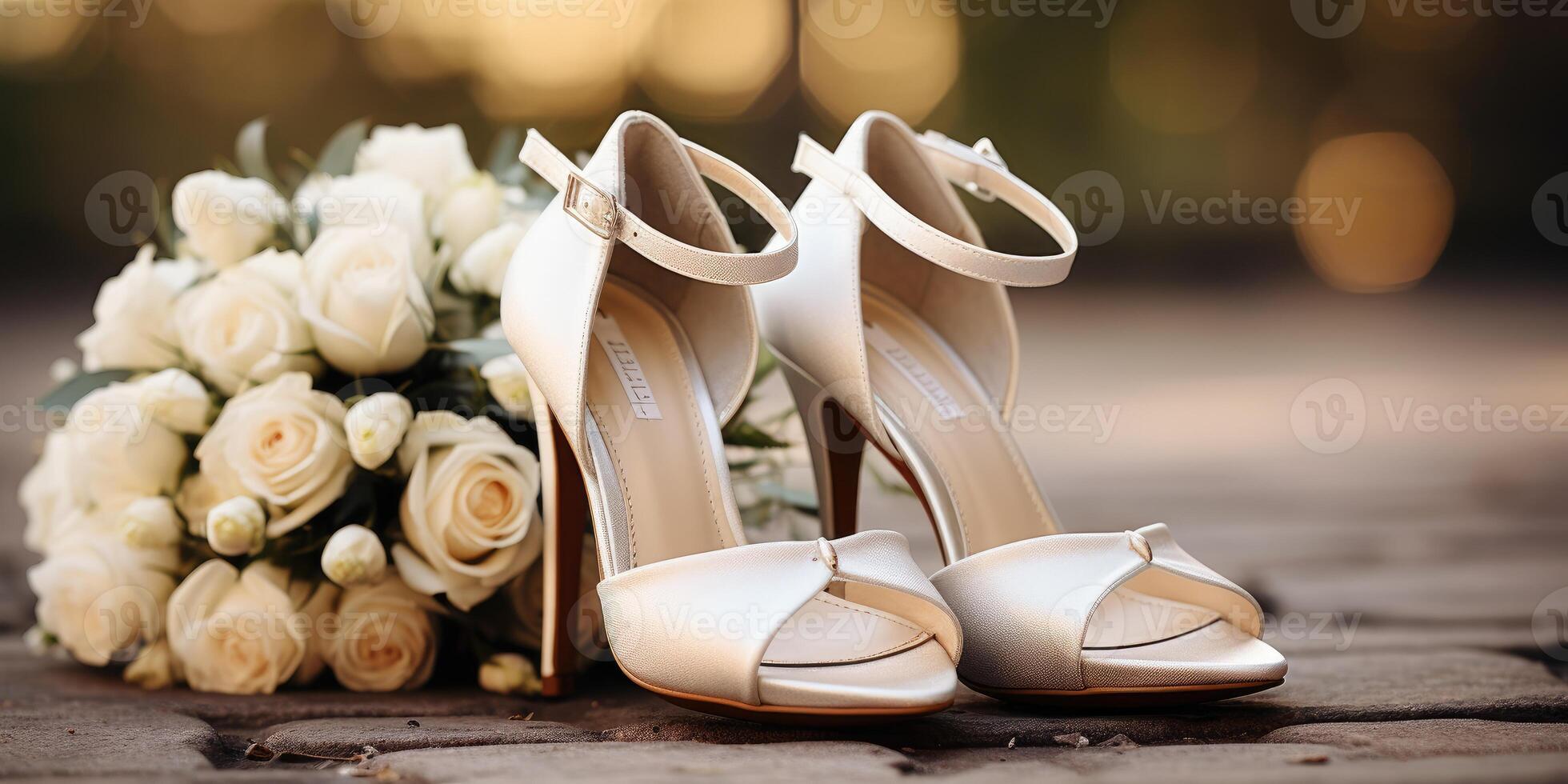 Wedding flowers and white shoes. Holiday. Generative AI photo