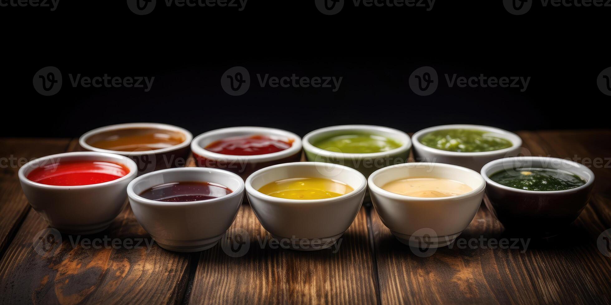 Lots of sauces close up. Tomato, cheese and spicy sauce. photo