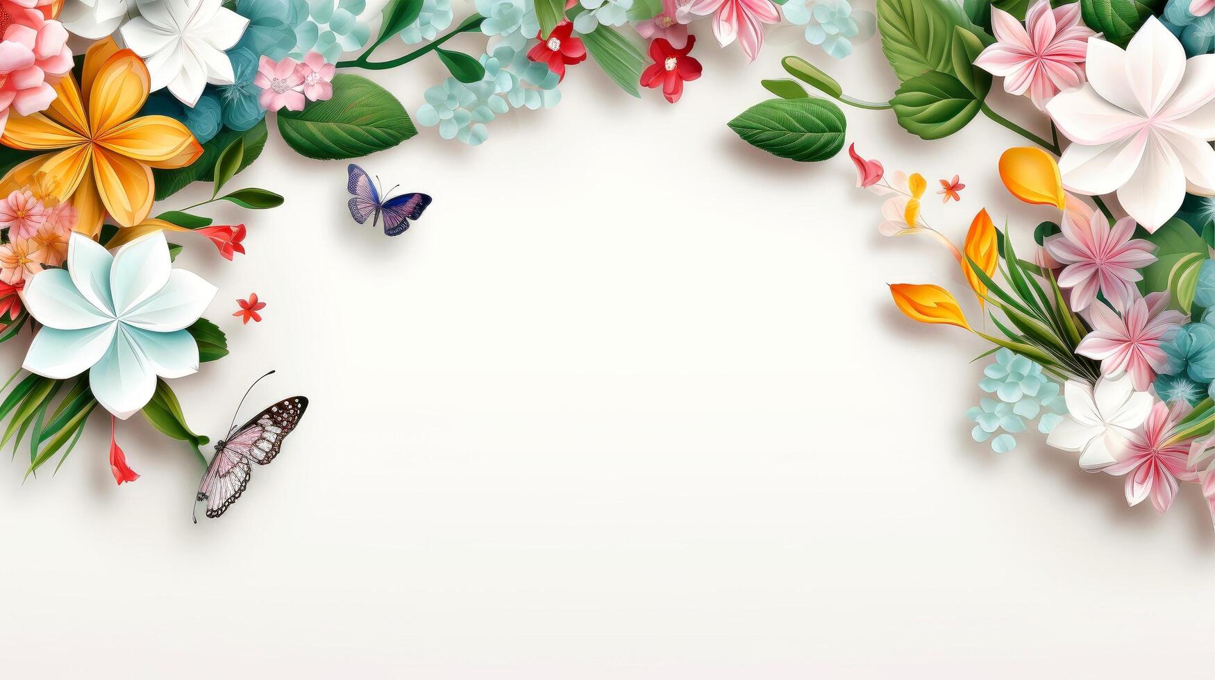 Floral border frame card template. multicolor flowers, leaves, for banner, wedding card. Springtime composition with copy-space, illustration photo