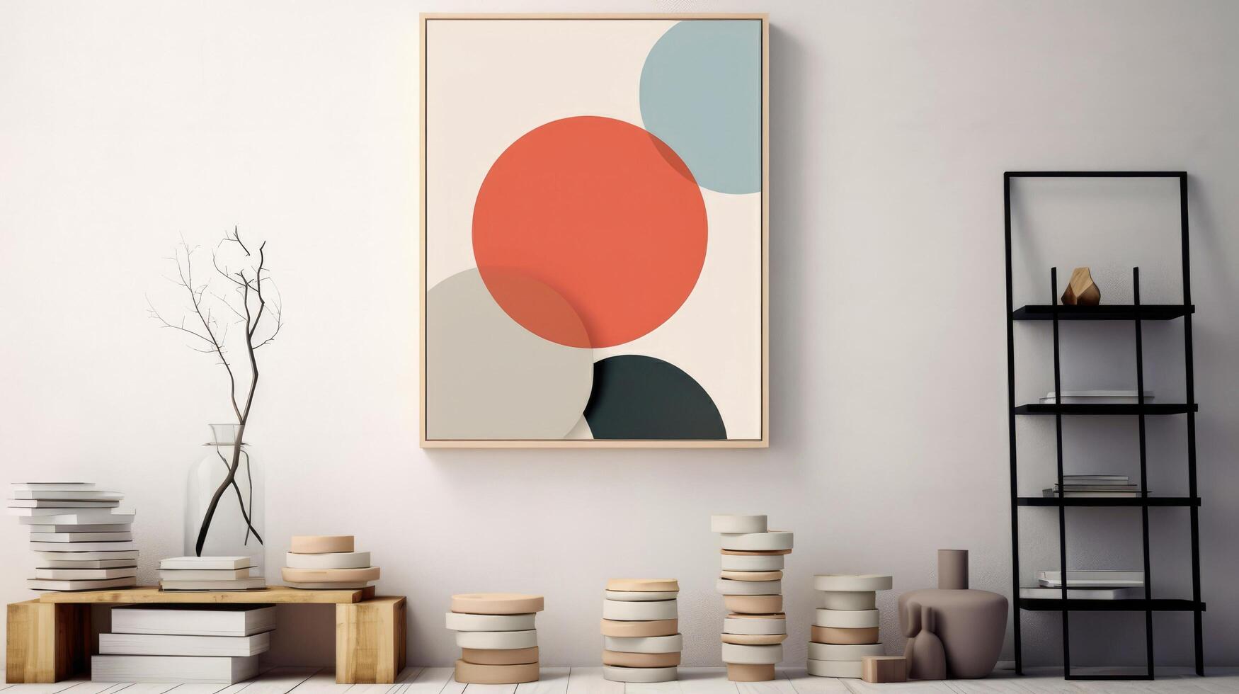 Stylish living room interior design with mock up poster frame, creative home accessories. Home staging. Copy space, illustration photo
