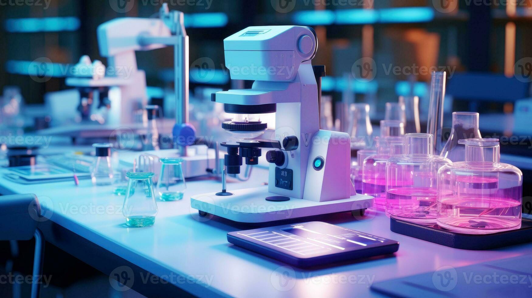 Close-up shot of microscope with metal lens at laboratory. Microscope on the table with chemical tube and glassware in laboratory, Science research technology, Generative AI illustration photo