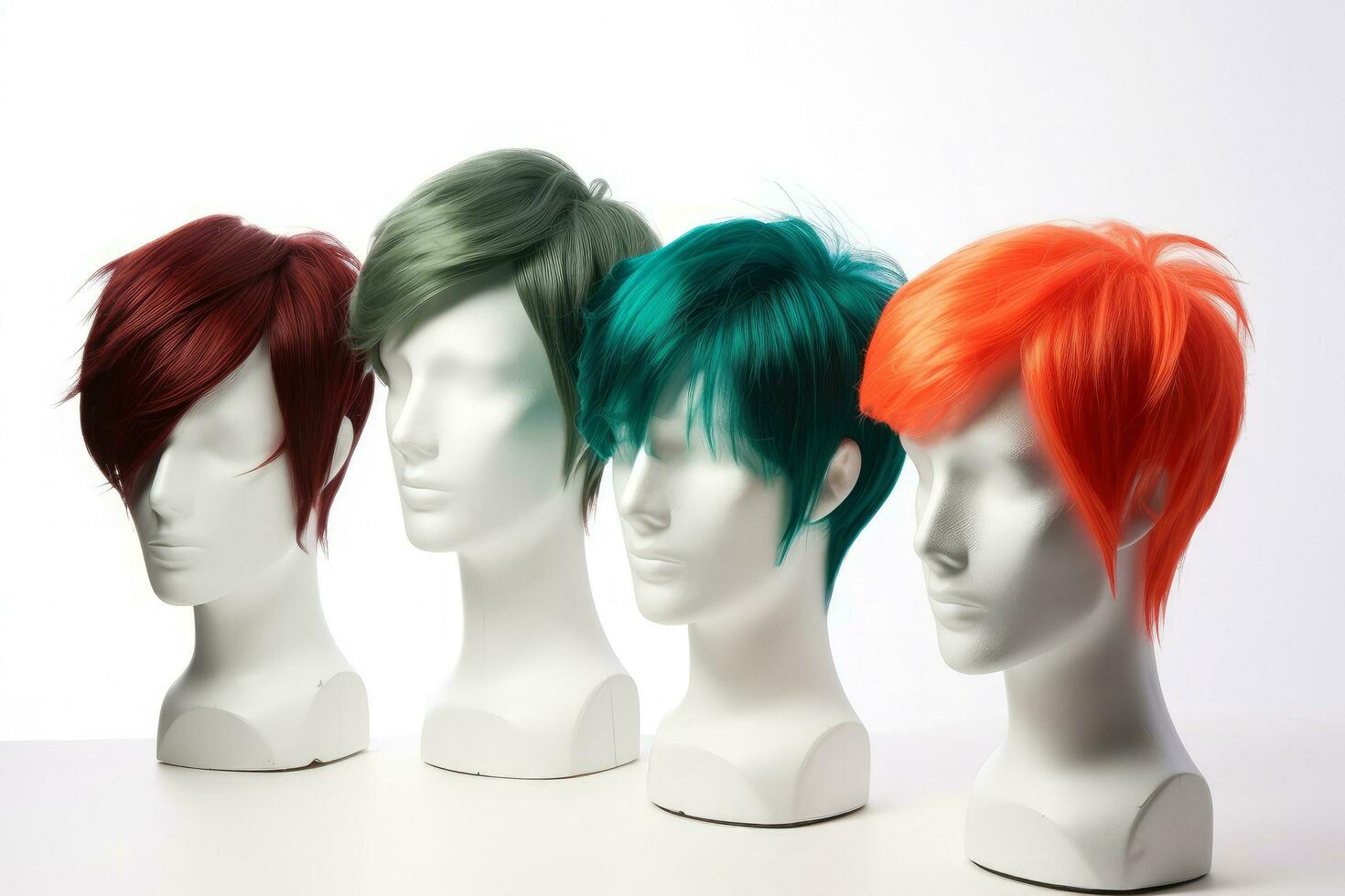 Hair wig over the plastic mannequin head isolated over the white background, mockup featuring contemporary men's hairstyles, Generative AI illustration photo