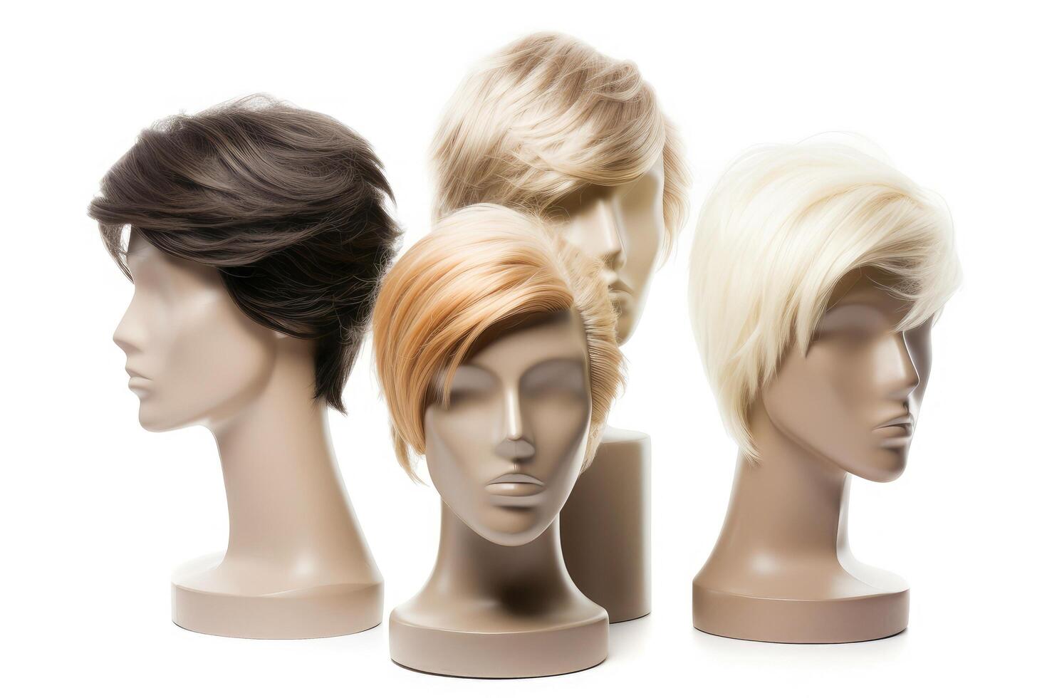 Hair wig over the plastic mannequin head isolated over the white background, mockup featuring contemporary men hairstyles, Generative AI illustration photo