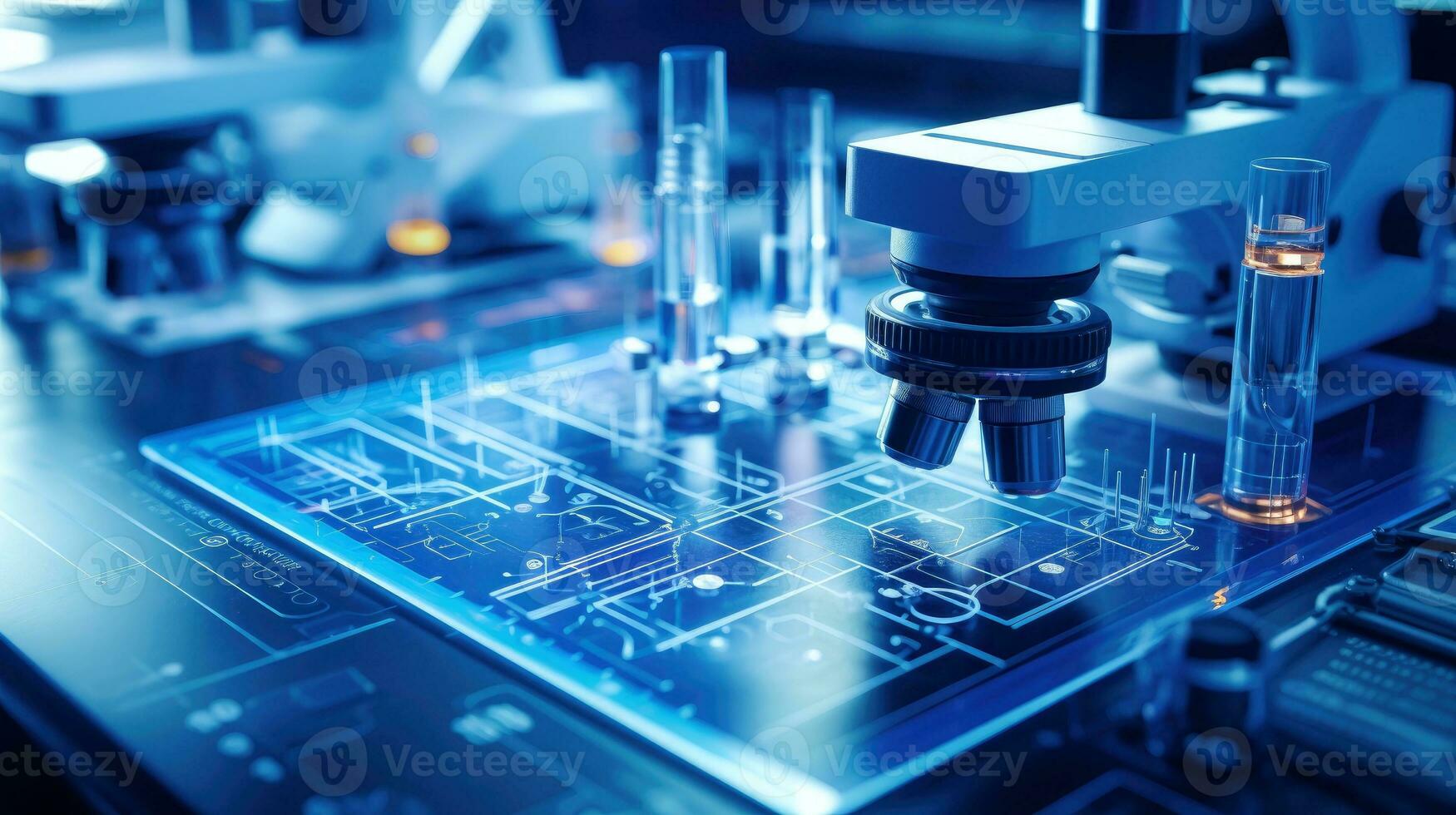 Close-up shot of microscope with metal lens at laboratory. Microscope on the table with chemical tube and glassware in laboratory, Science research technology, Generative AI illustration photo