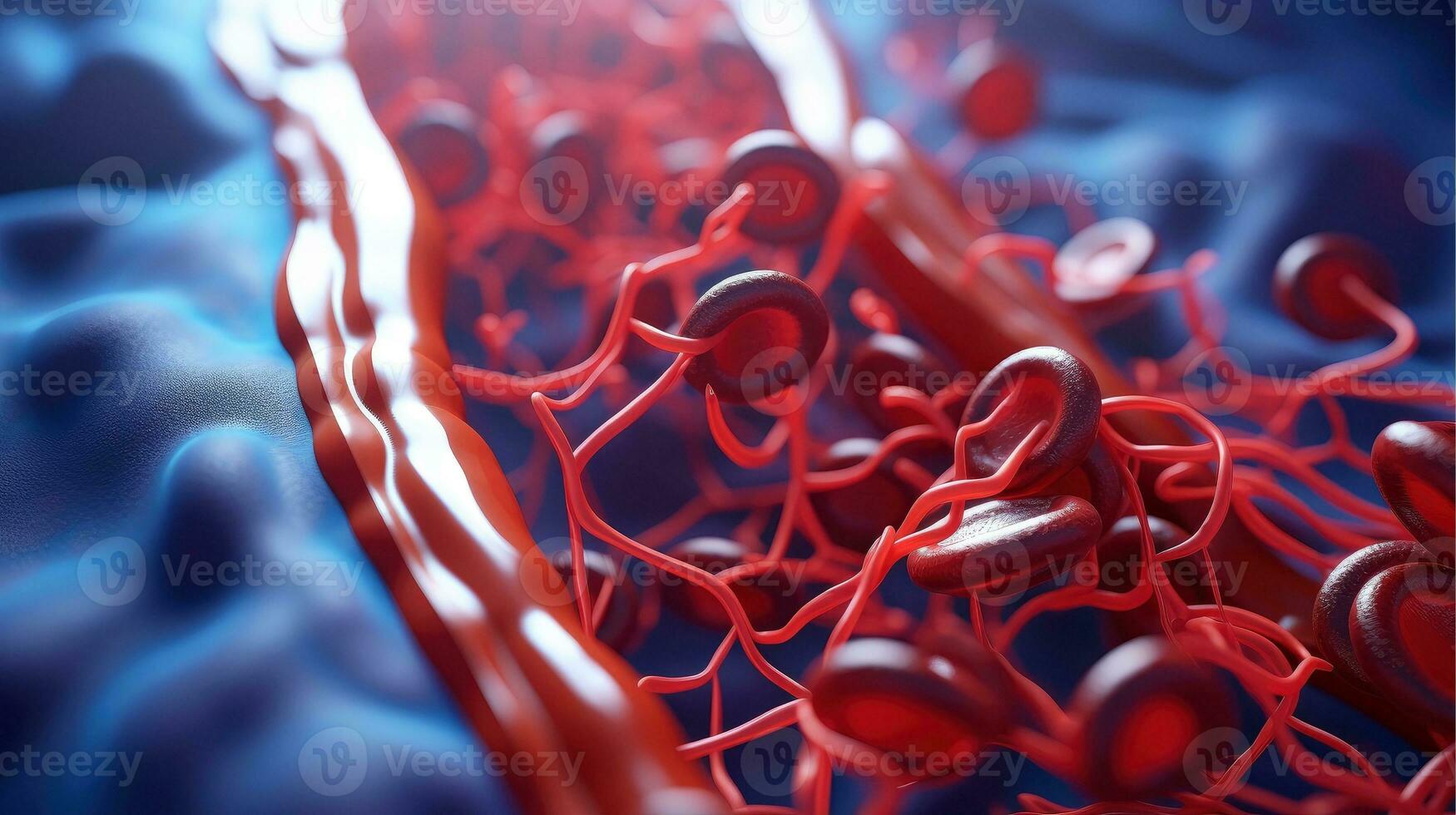 3D illustration mockup of the human organ systems, circulatory, digestive, red and white bloodcells wtih blurred backgroun. Medical education concept, Generative AI illustration photo