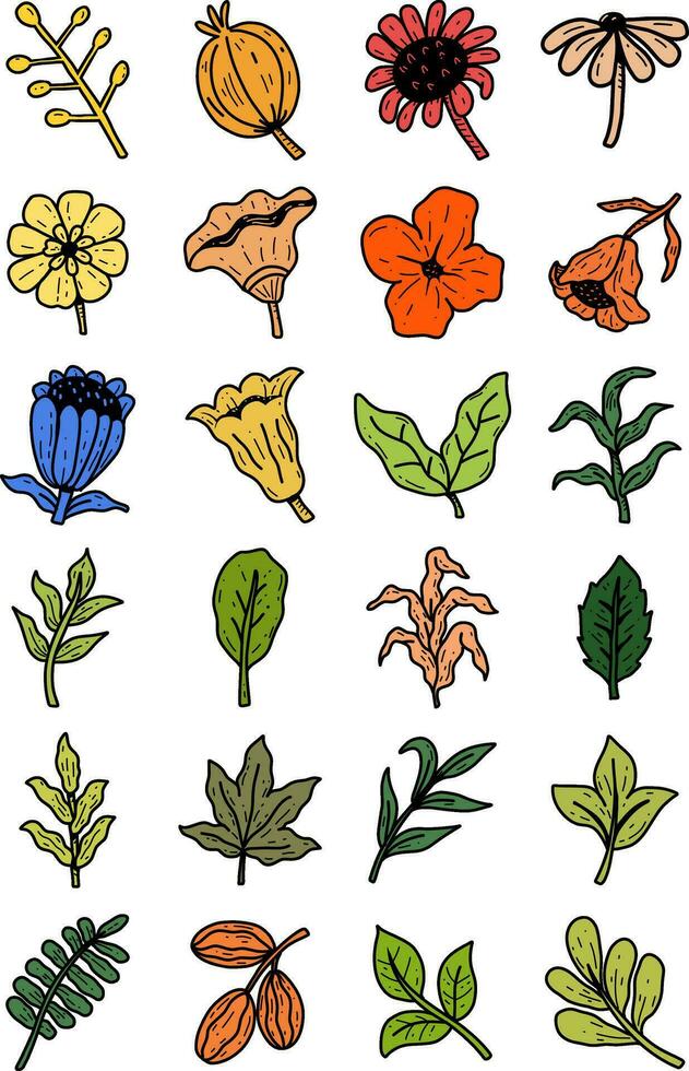 set of garden plant element hand drawn style vector