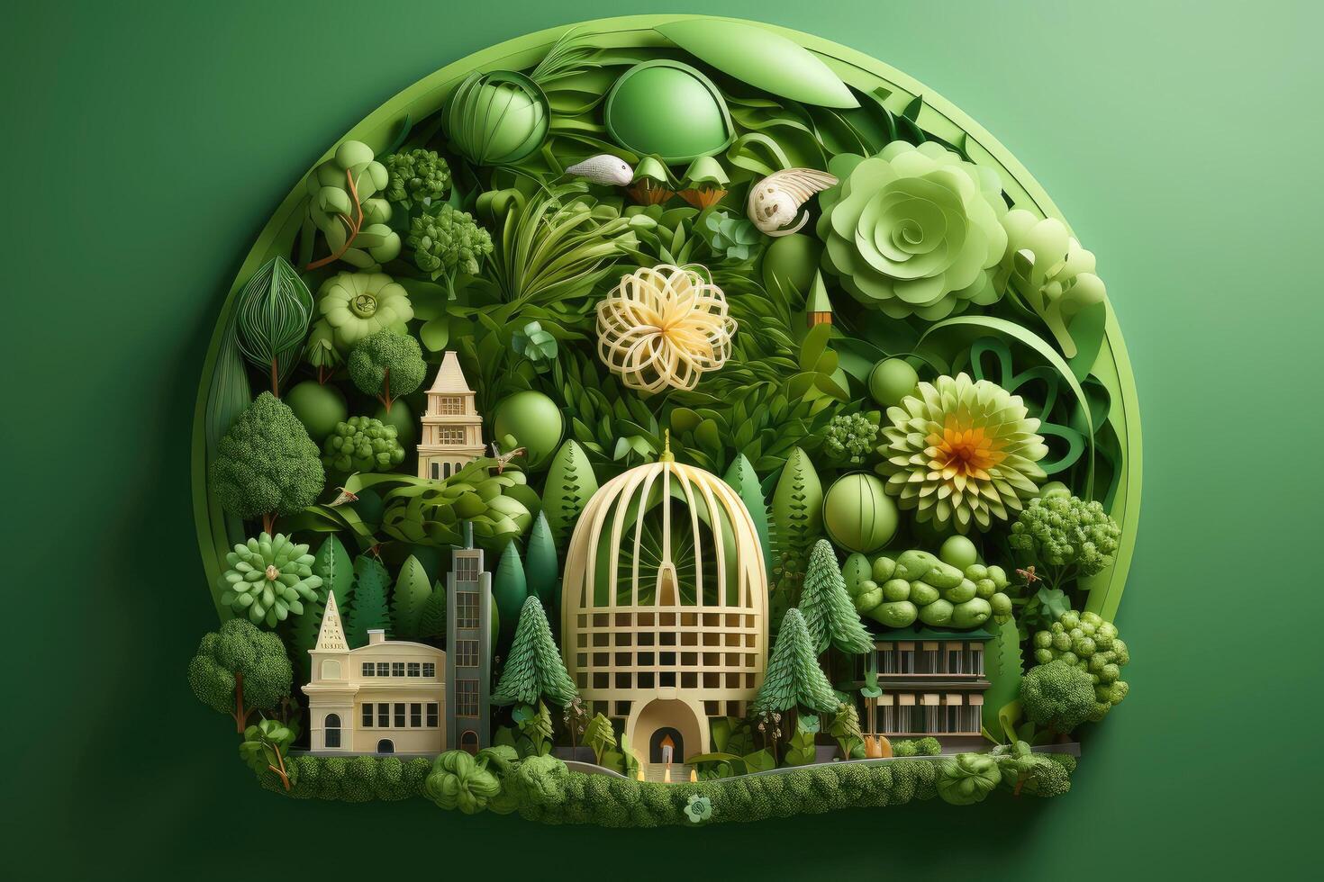 Ecosystem restoration, environment day concept tree background. Recycle icon paper cut banner with forest. Ecology project concept, illustration photo