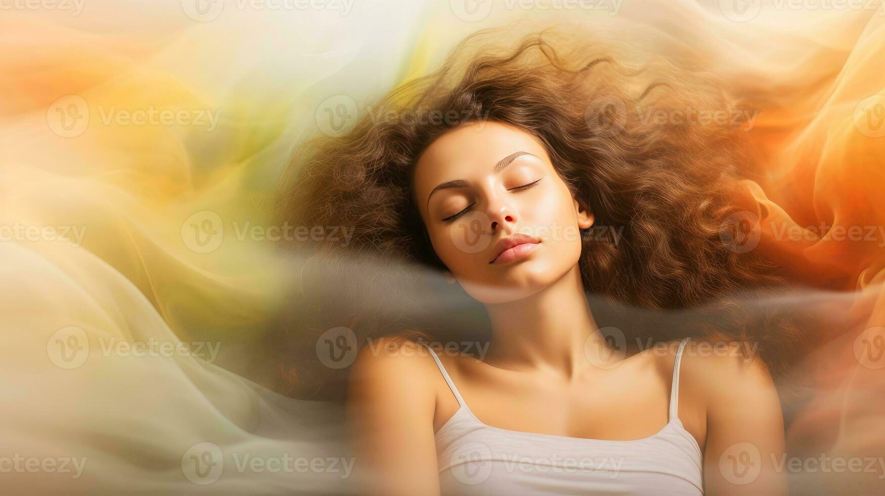 Illustration of woman sleeping and dreaming. Psychic girl considers mind and heart, spirituality, esotericism. Psychic waves concept, Generative AI illustration photo