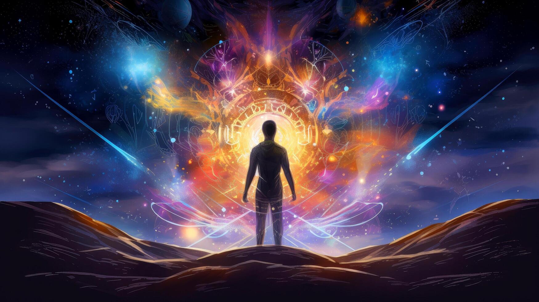 Psychic waves experimentation, psychedelia, and bold mental, emotional, and spiritual journey, journey into wellness with psychic waves, illustration photo