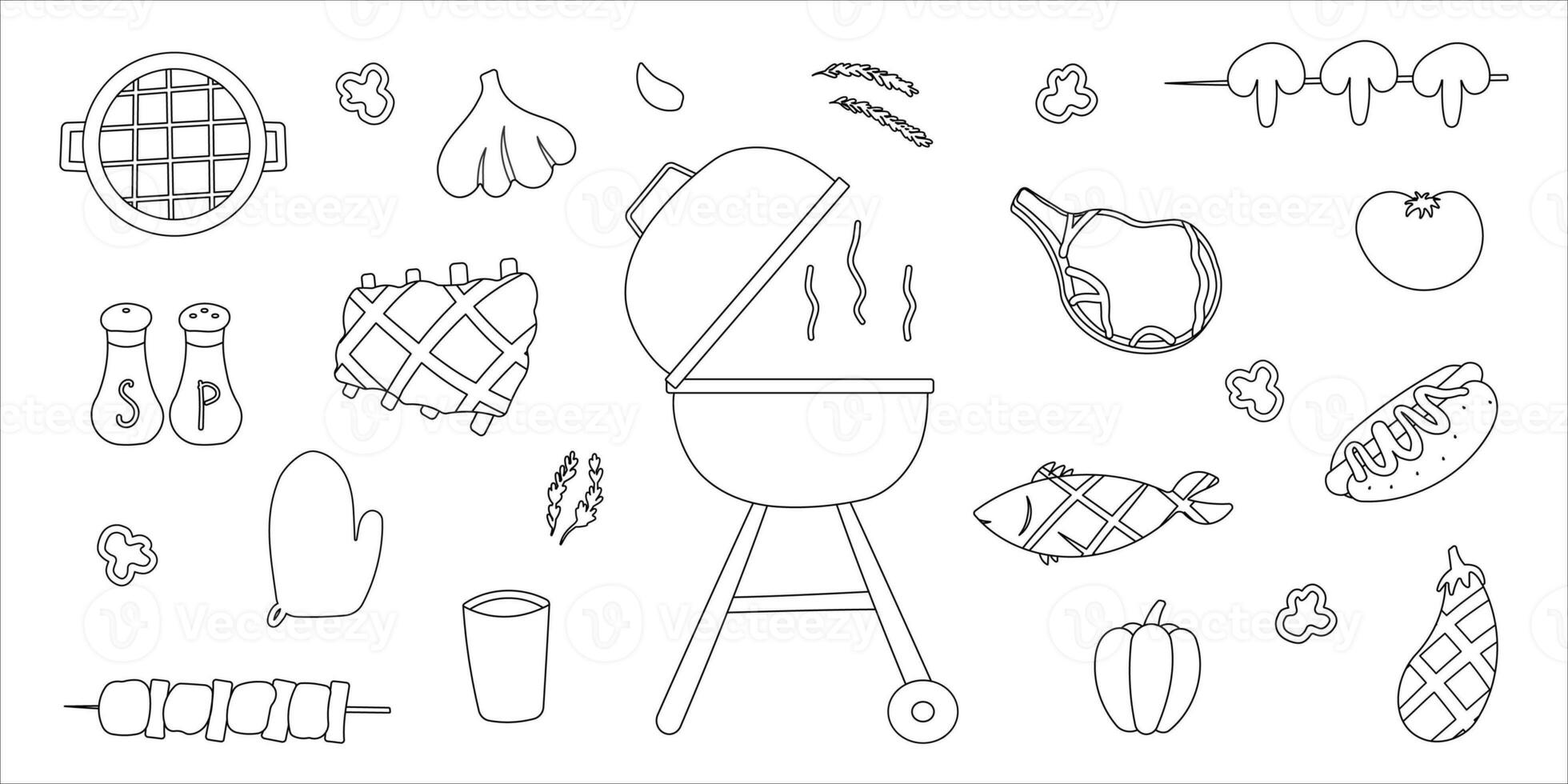 bbq grill party line doodle elements set photo