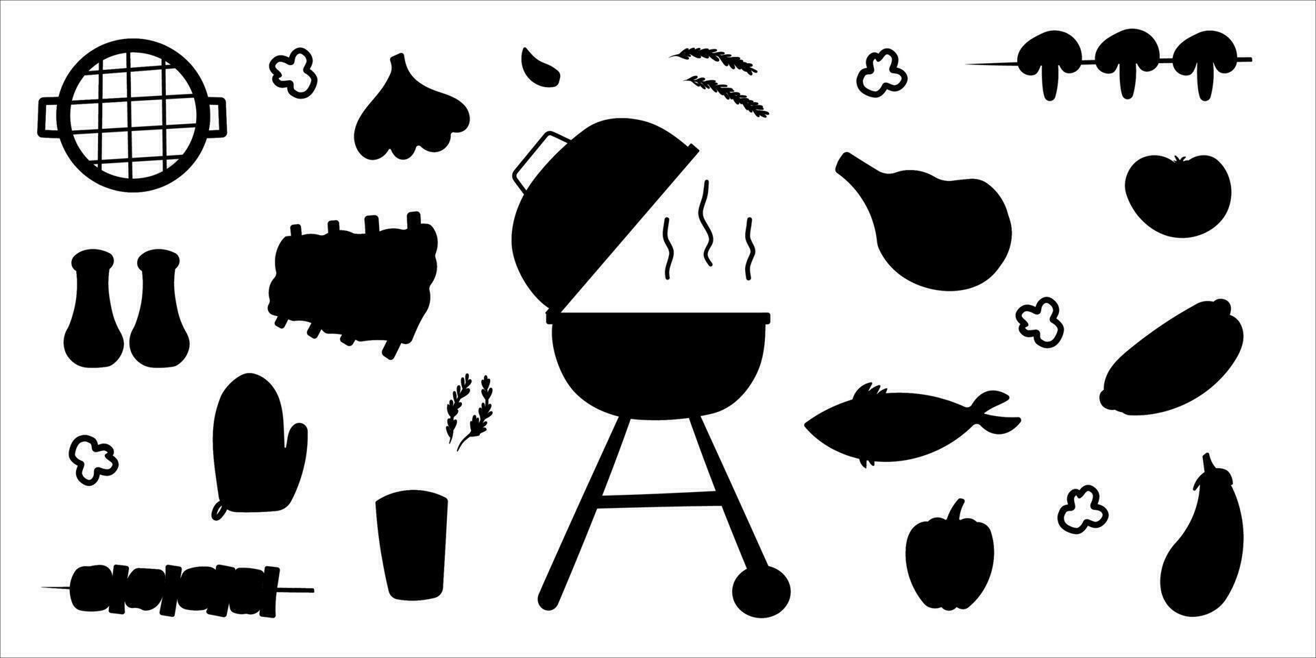 bbq grill party black white elements set vector