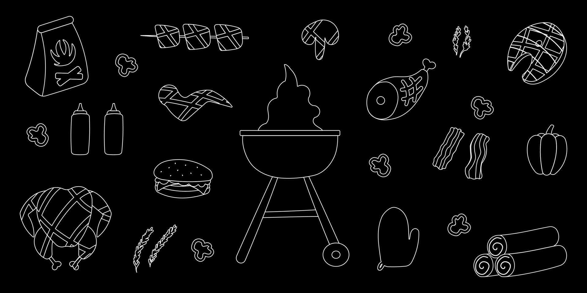 bbq grill party line doodle elements set vector