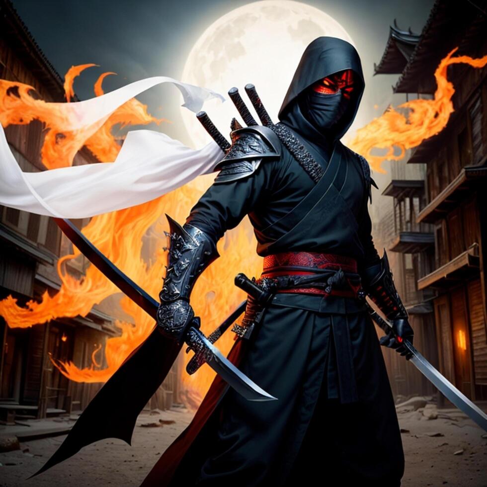 A samurai in a demonic red mask on the battlefield. photo