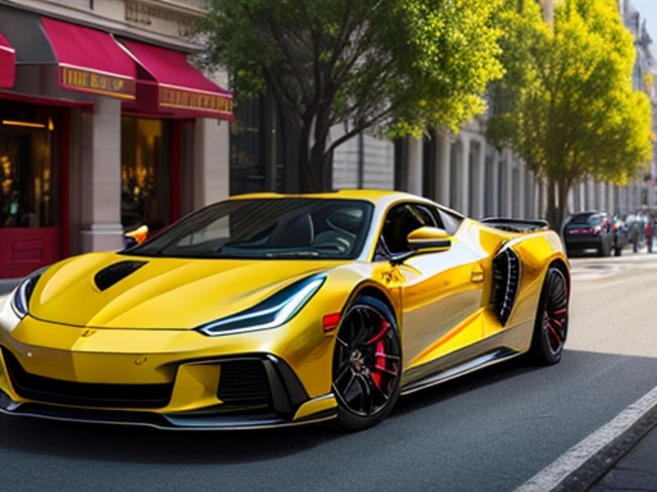 amarillo súper coche en el calle. ai generativo foto