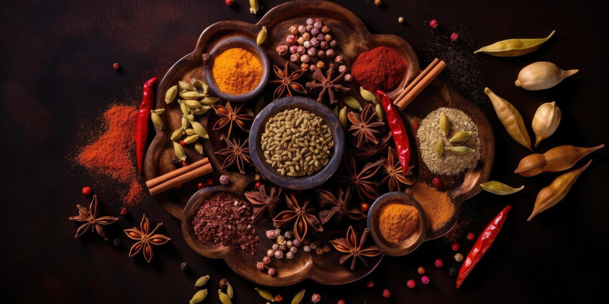 Indian spices close up. Pepper, turmeric thyme paprika cumin. photo