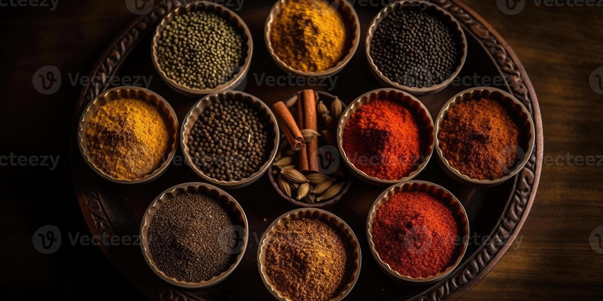 Indian spices close up. Pepper, turmeric thyme paprika cumin. Generative AI photo