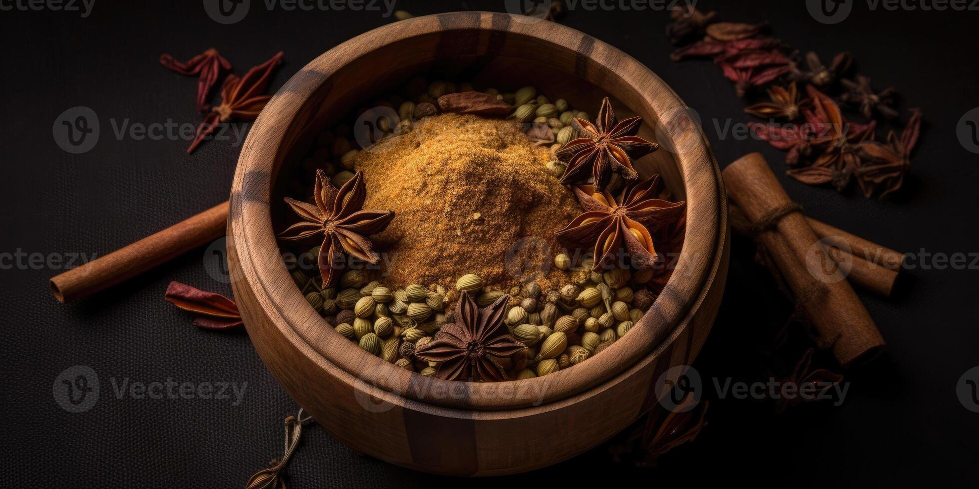 Indian spices close up. Pepper, turmeric thyme paprika cumin. Generative AI photo