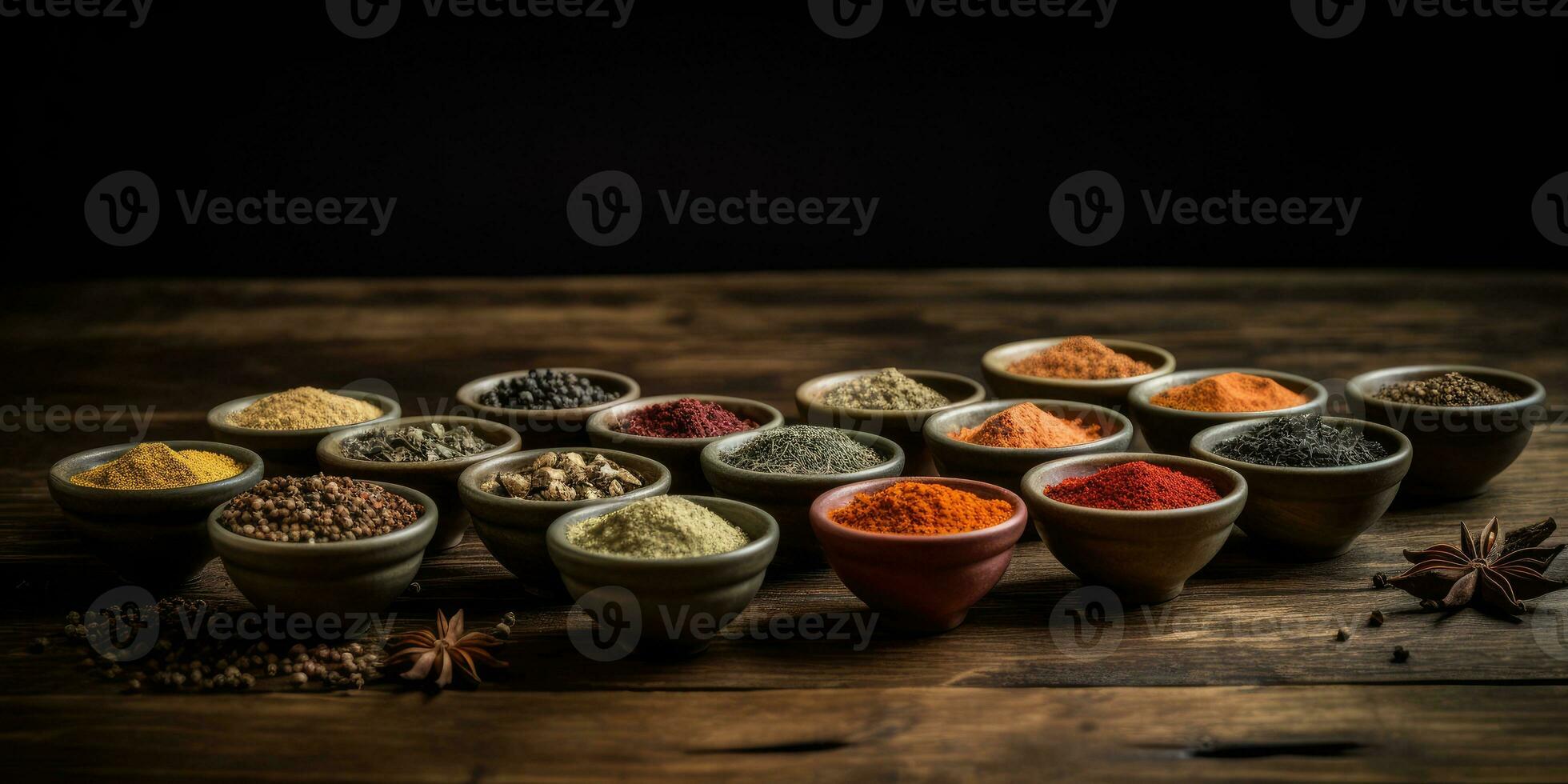 Indian spices close up. Pepper, turmeric thyme paprika cumin. Generative AI photo