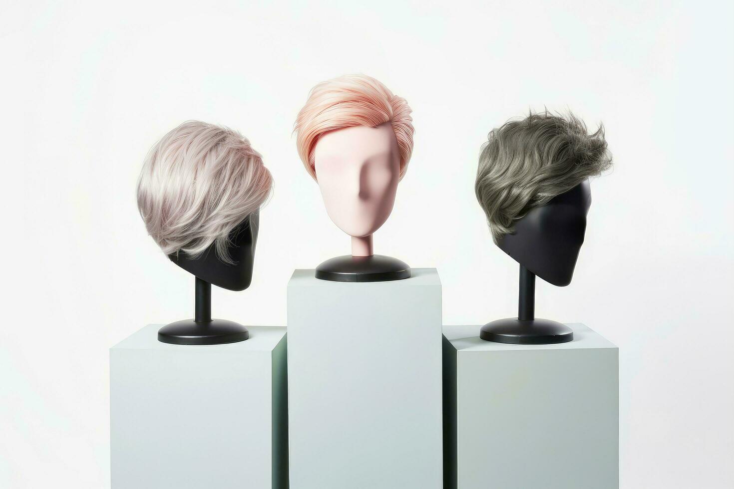 Hair wig over the plastic mannequin head isolated over the white background, mockup featuring contemporary men hairstyles, Generative AI illustration photo