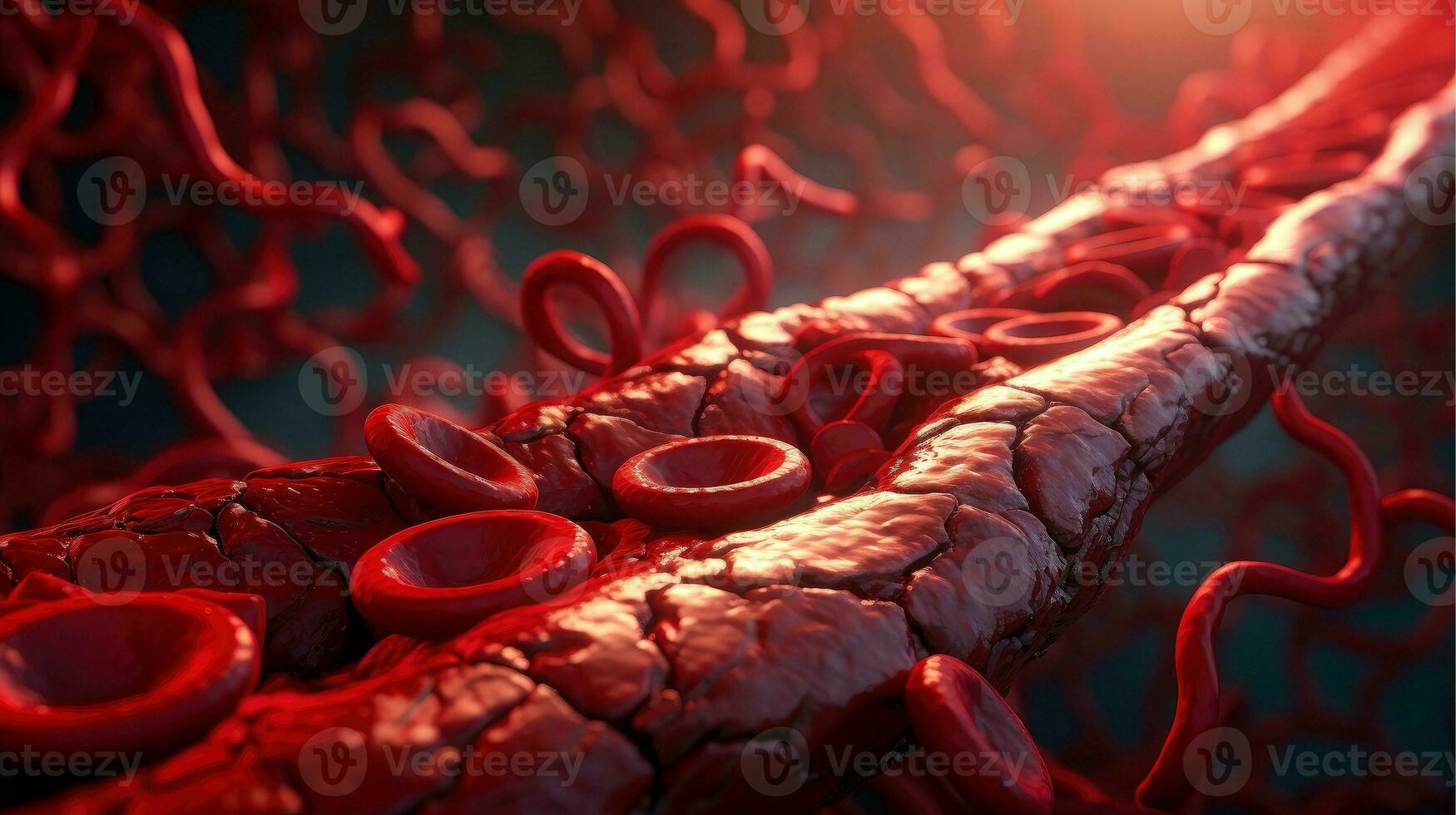 3D illustration mockup of the human organ systems, circulatory, digestive, red and white bloodcells wtih blurred backgroun. Medical education concept, Generative AI illustration photo