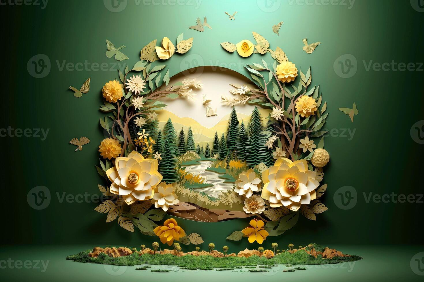 Ecosystem restoration, environment day concept tree background. Recycle icon paper cut banner with forest. Ecology project concept, illustration photo