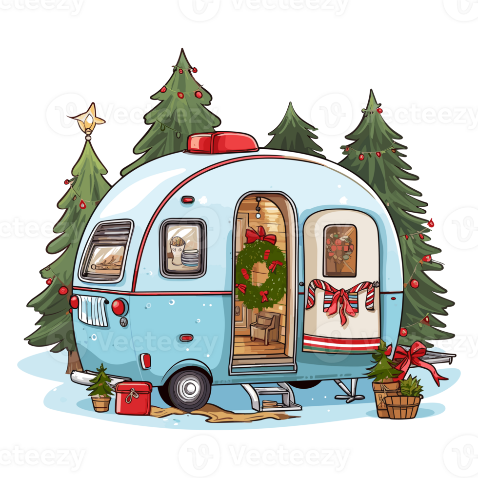 Christmas Camper with Christmas Tree and Christmas Lights, Christmas camping, Trailer decor for Christmas. png