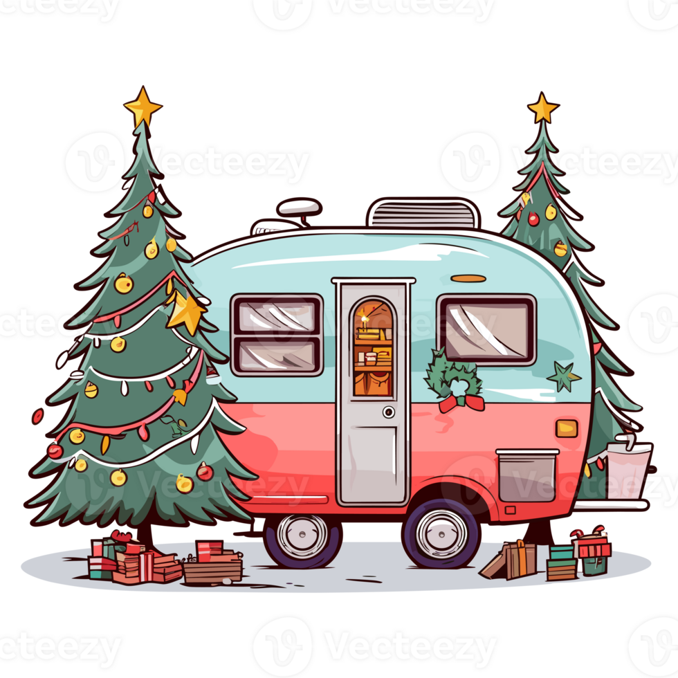 Christmas Camper with Christmas Tree and Christmas Lights, Christmas camping, Trailer decor for Christmas. png