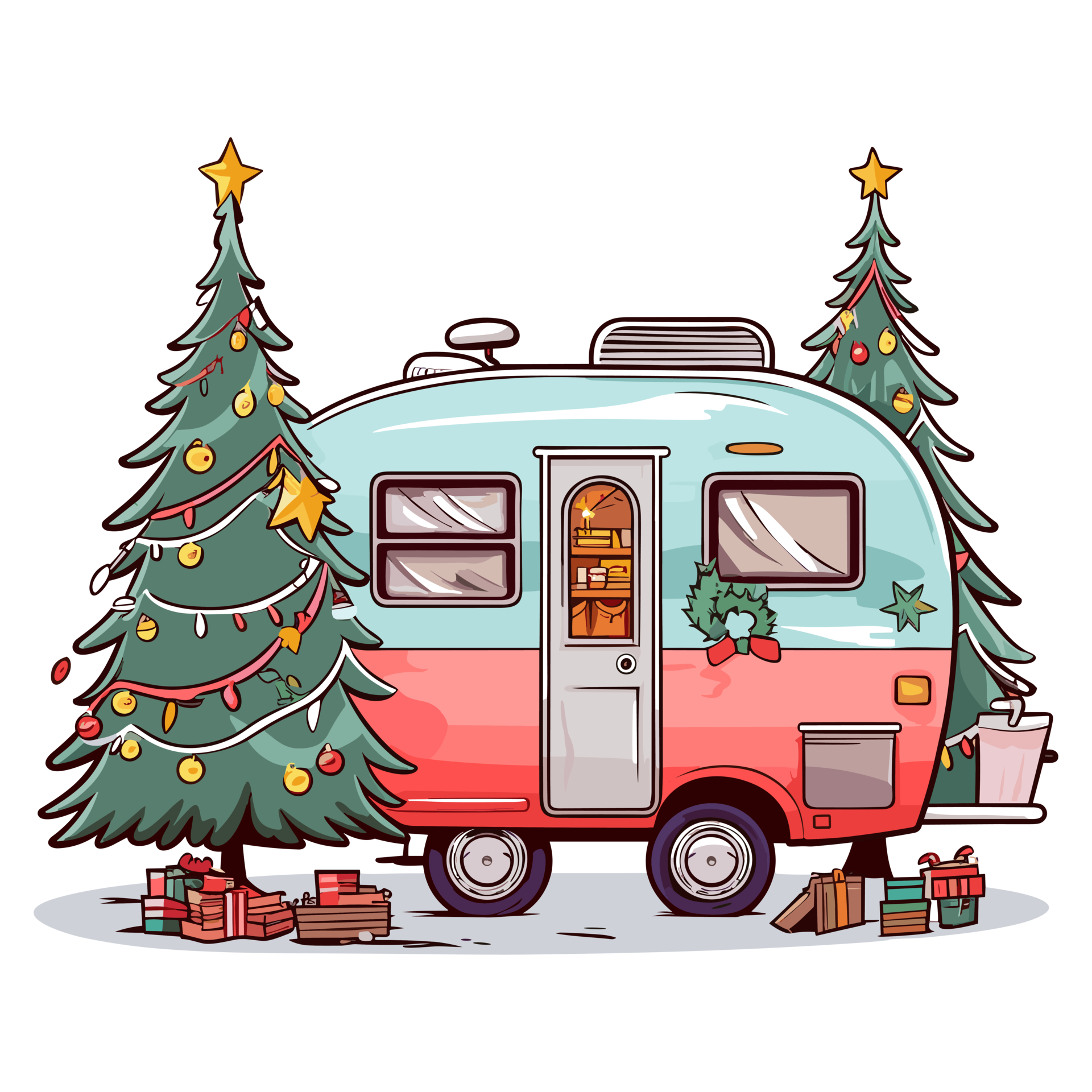Christmas Camper with Christmas Tree and Christmas Lights, Christmas