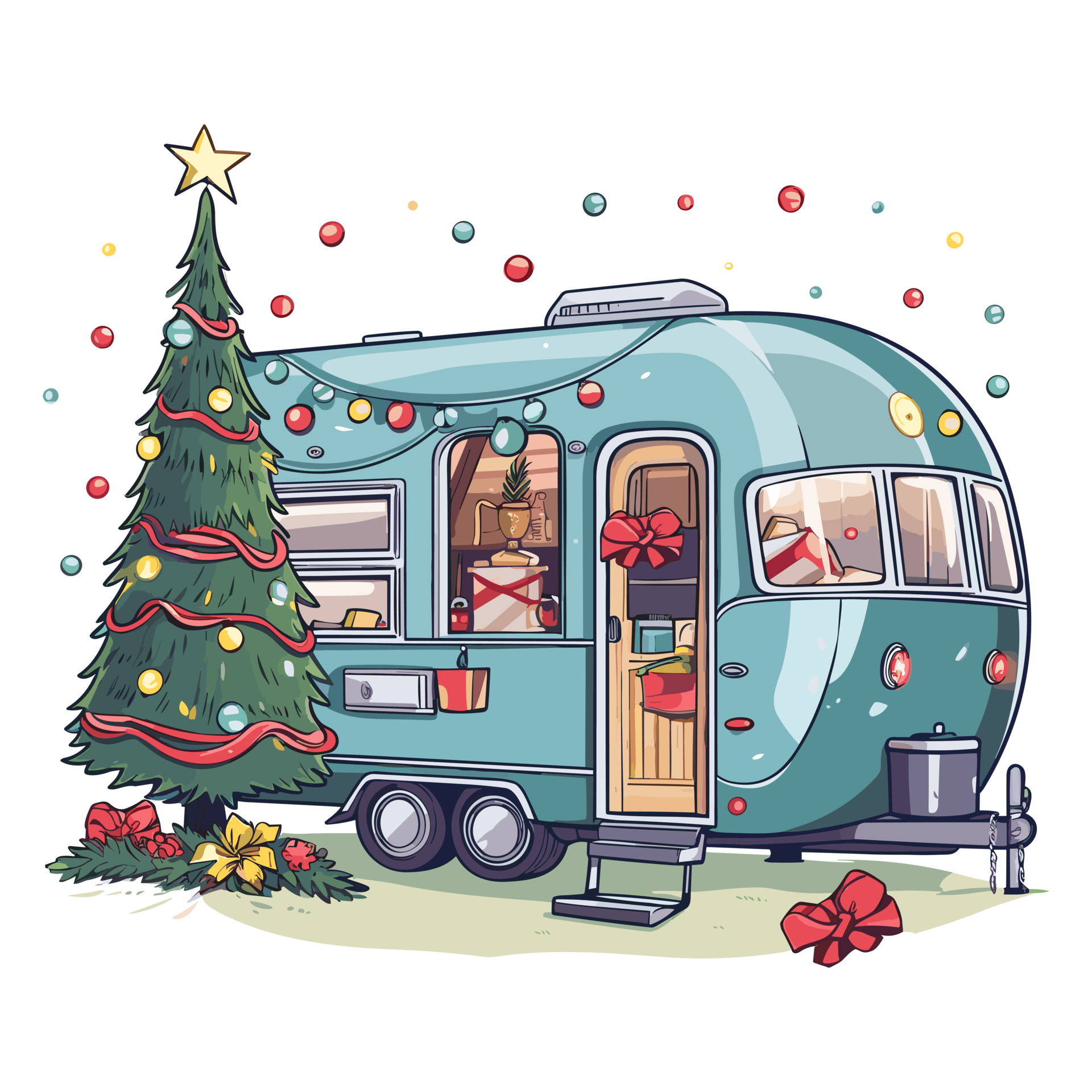 Christmas Camper with Christmas Tree and Christmas Lights, Christmas