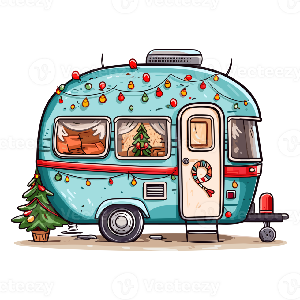 Christmas Camper with Christmas Tree and Christmas Lights, Christmas camping, Trailer decor for Christmas. png