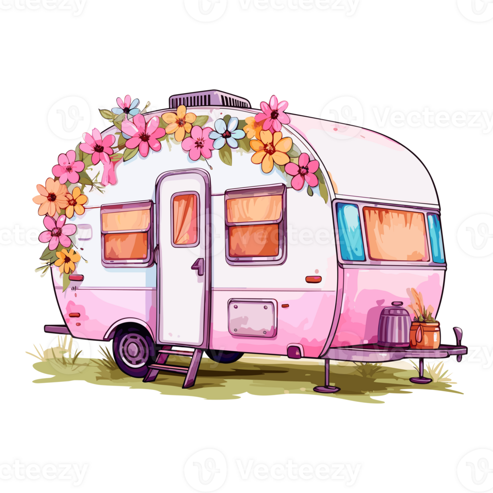 super schattig voorjaar caravan, zomer vakantie caravan op reis sticker, vrachtauto reis, reizen aanhangwagen illustratie. png