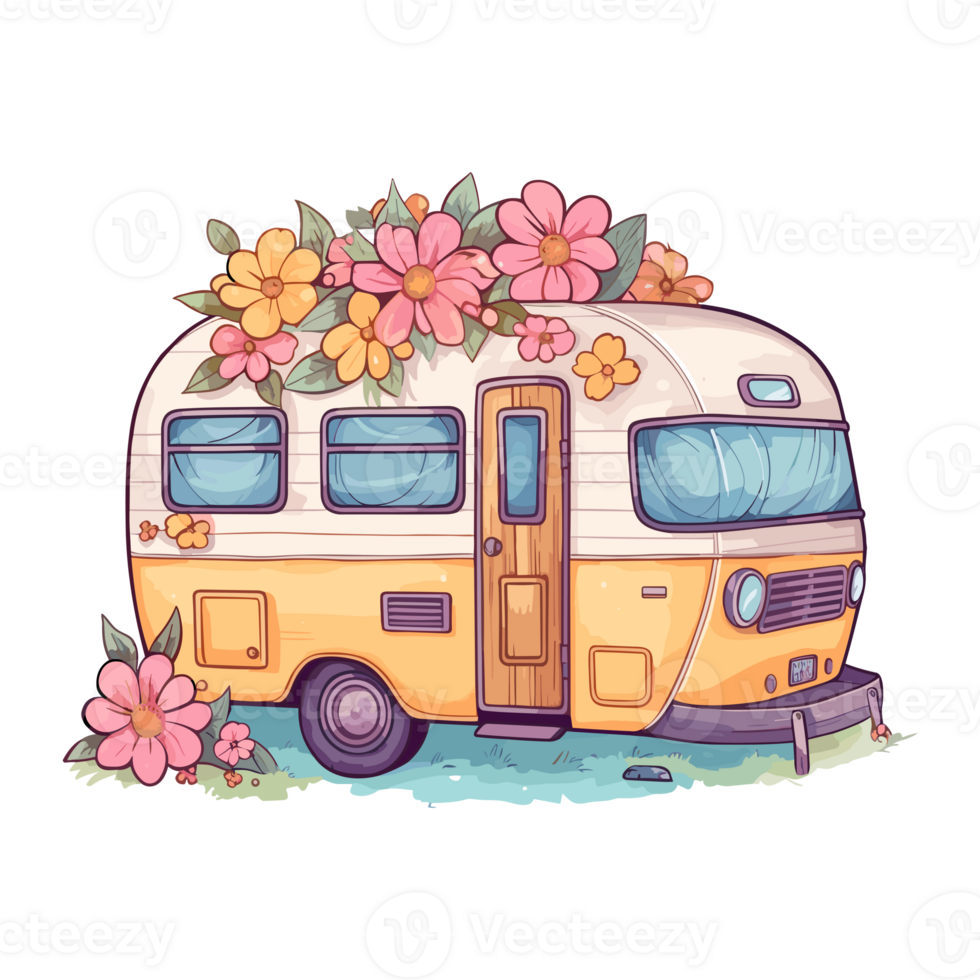 super schattig voorjaar caravan, zomer vakantie caravan op reis sticker, vrachtauto reis, reizen aanhangwagen illustratie. png