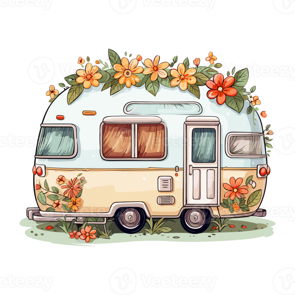 super schattig voorjaar caravan, zomer vakantie caravan op reis sticker, vrachtauto reis, reizen aanhangwagen illustratie. png