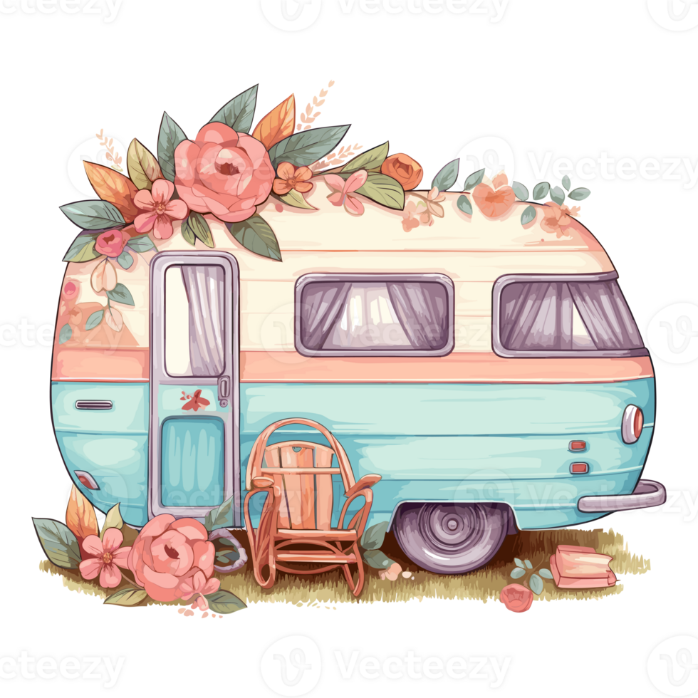 super schattig voorjaar caravan, zomer vakantie caravan op reis sticker, vrachtauto reis, reizen aanhangwagen illustratie. png