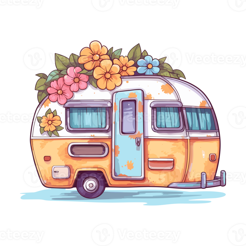 super schattig voorjaar caravan, zomer vakantie caravan op reis sticker, vrachtauto reis, reizen aanhangwagen illustratie. png