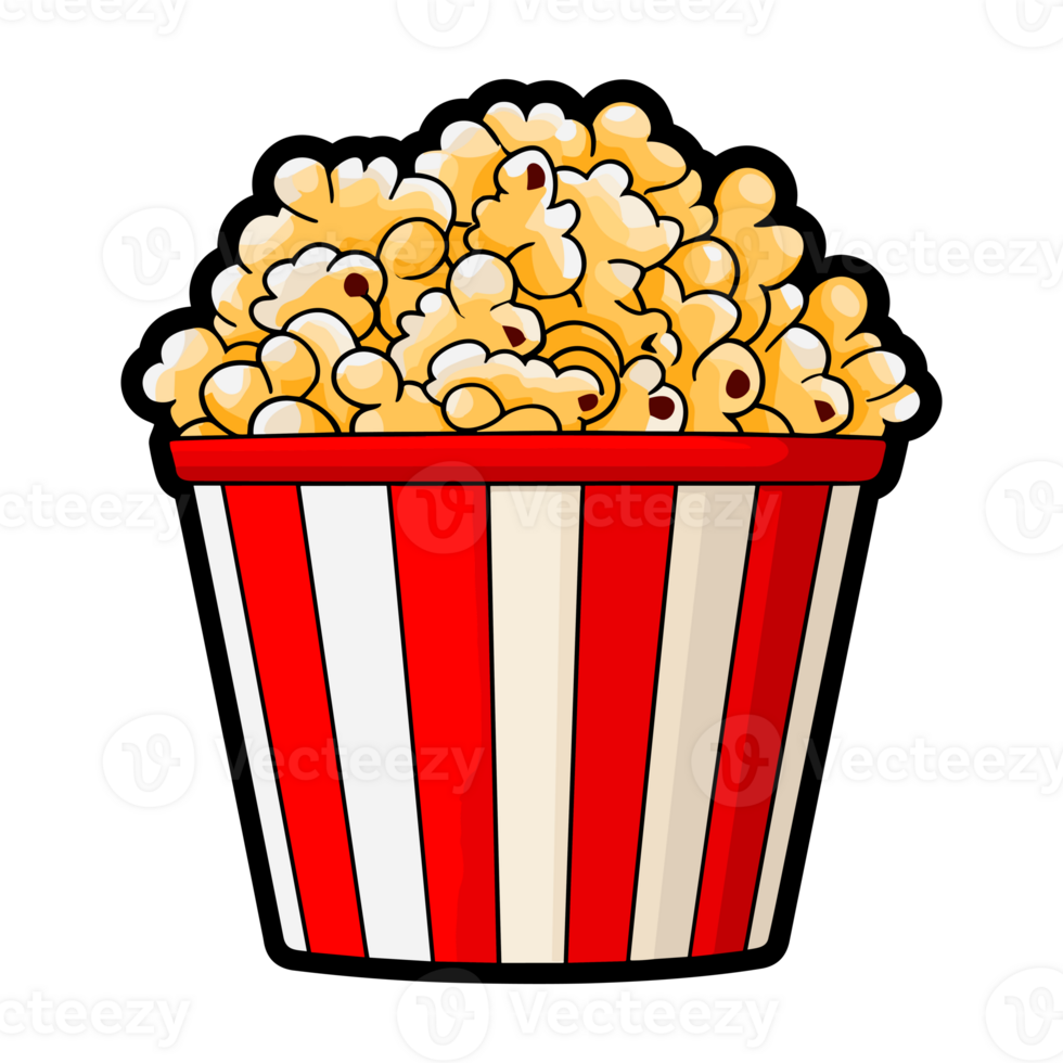 popcorn bucket. Cinema snack, Popcorn in a red striped bucket sticker illustration png