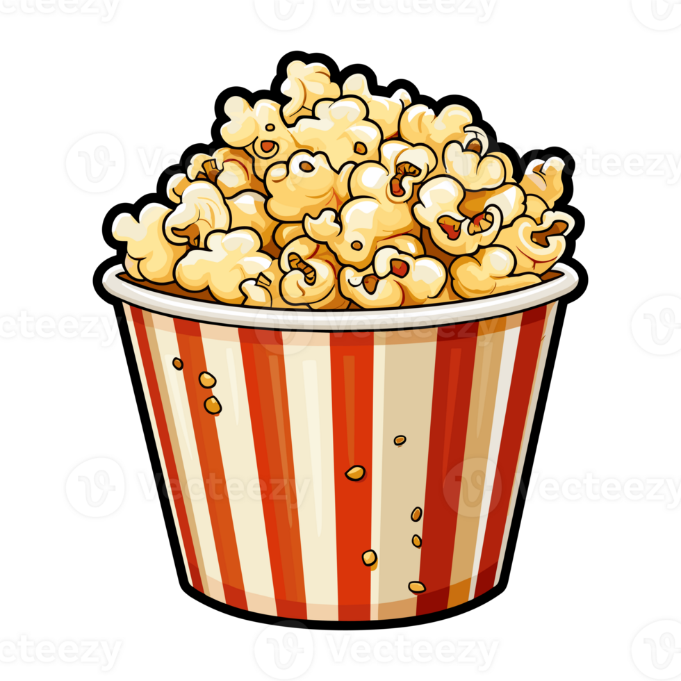 popcorn bucket. Cinema snack, Popcorn in a red striped bucket sticker illustration png