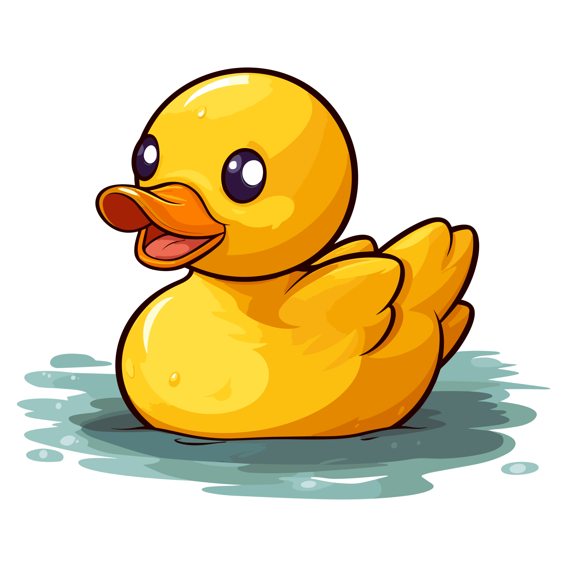Yellow duck is bathing in a puddle, rubber bath duck illustration ...
