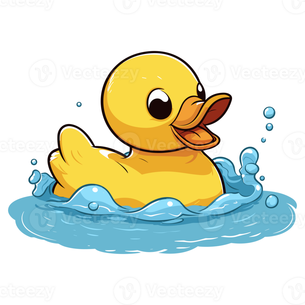 Yellow duck is bathing in a puddle, rubber bath duck illustration png