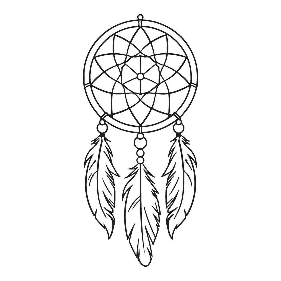 boho dreamcatcher, symbolism mascot made of weave and feathers, simple wicker mandala. vector