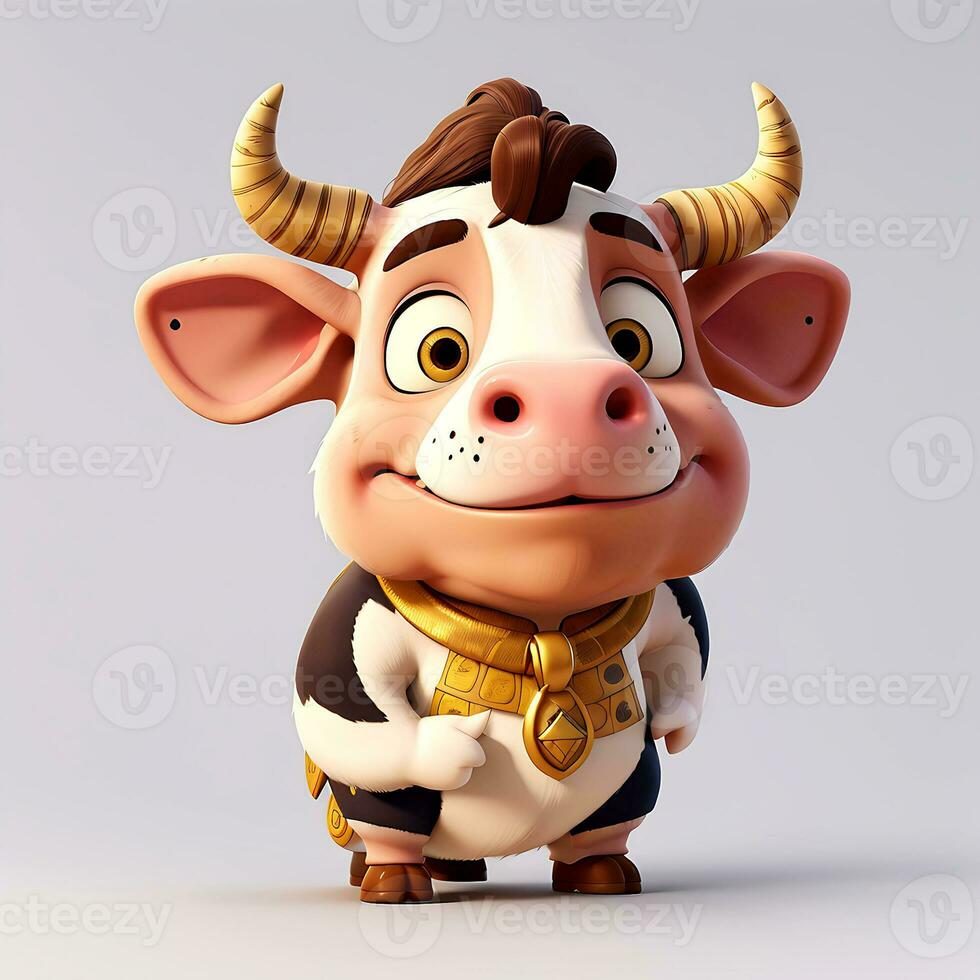 Super cute baby Bull in 3D cartoon style photo AI gendered, 3D Animals photo.